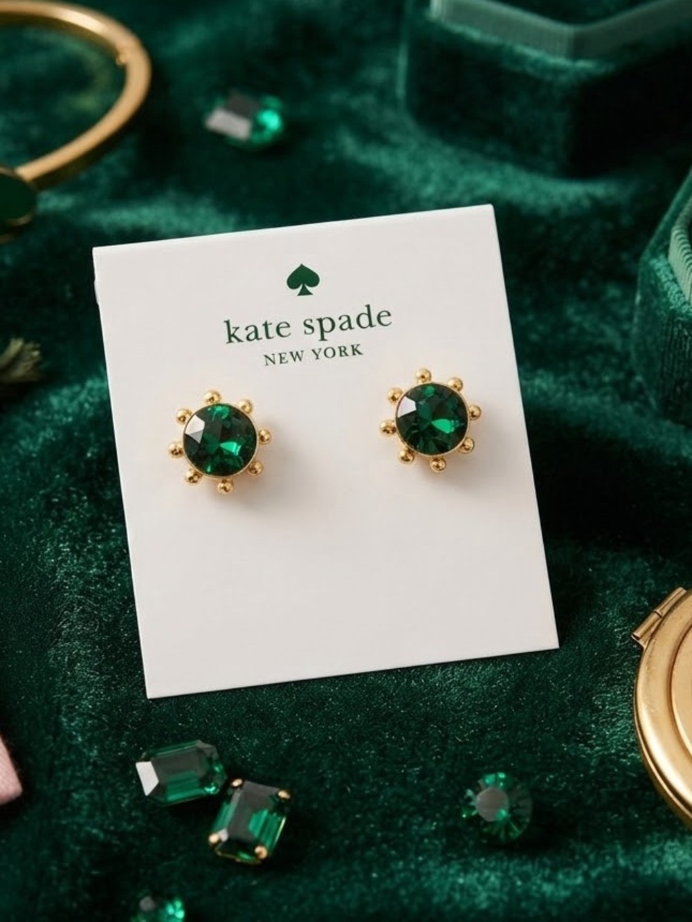 kate spade Gold-Tone Emerald Round Crystal Stud Earrings
